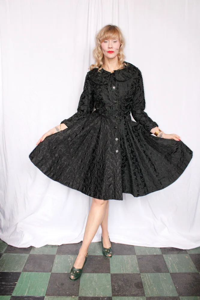 1950s Embroidered Silk and Rayon Princess Coat - Small
