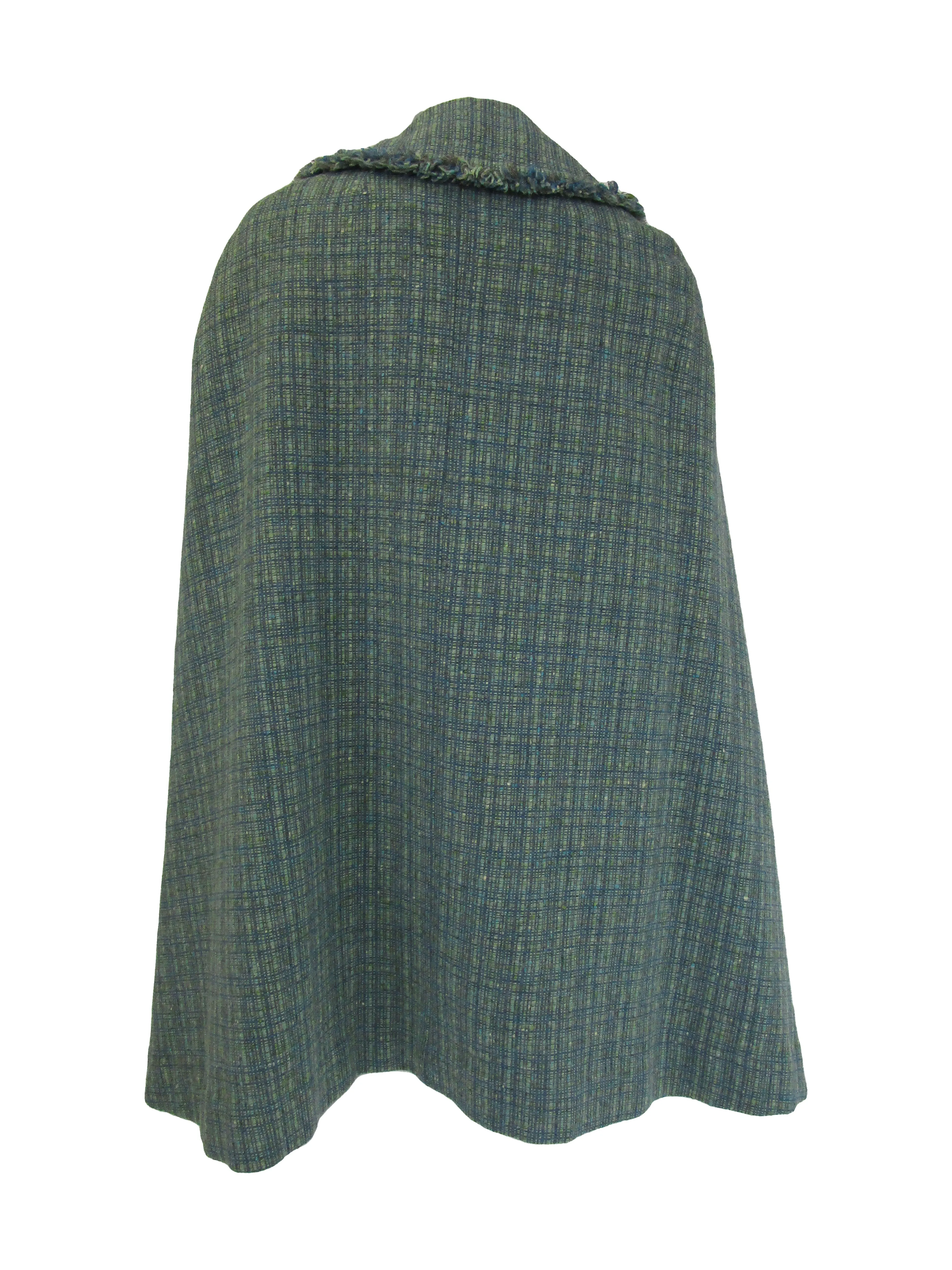 1970s Pendelton Sage Multicolored Tweed Cape with Fringed Edge
