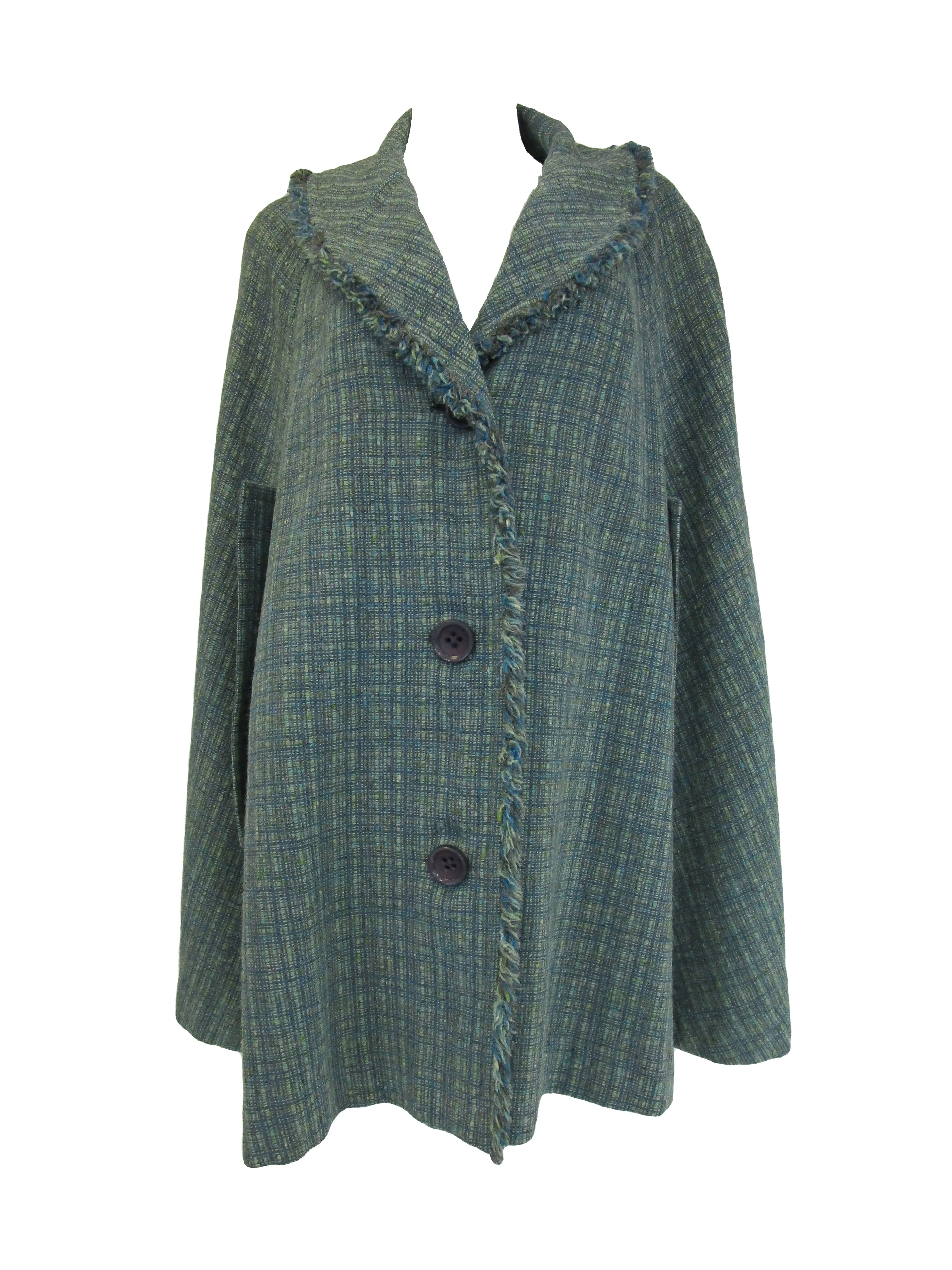 1970s Pendelton Sage Multicolored Tweed Cape with Fringed Edge
