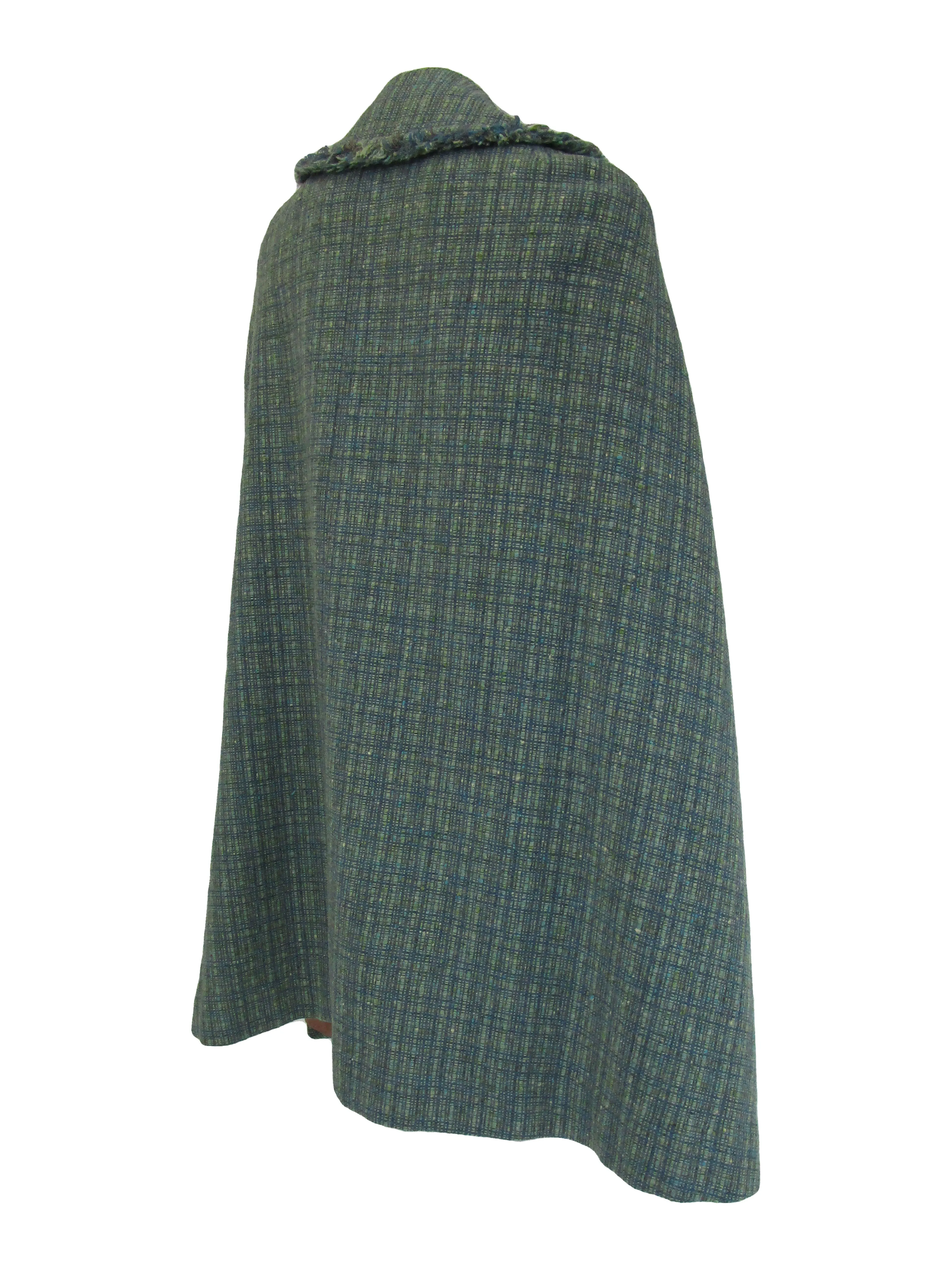 1970s Pendelton Sage Multicolored Tweed Cape with Fringed Edge