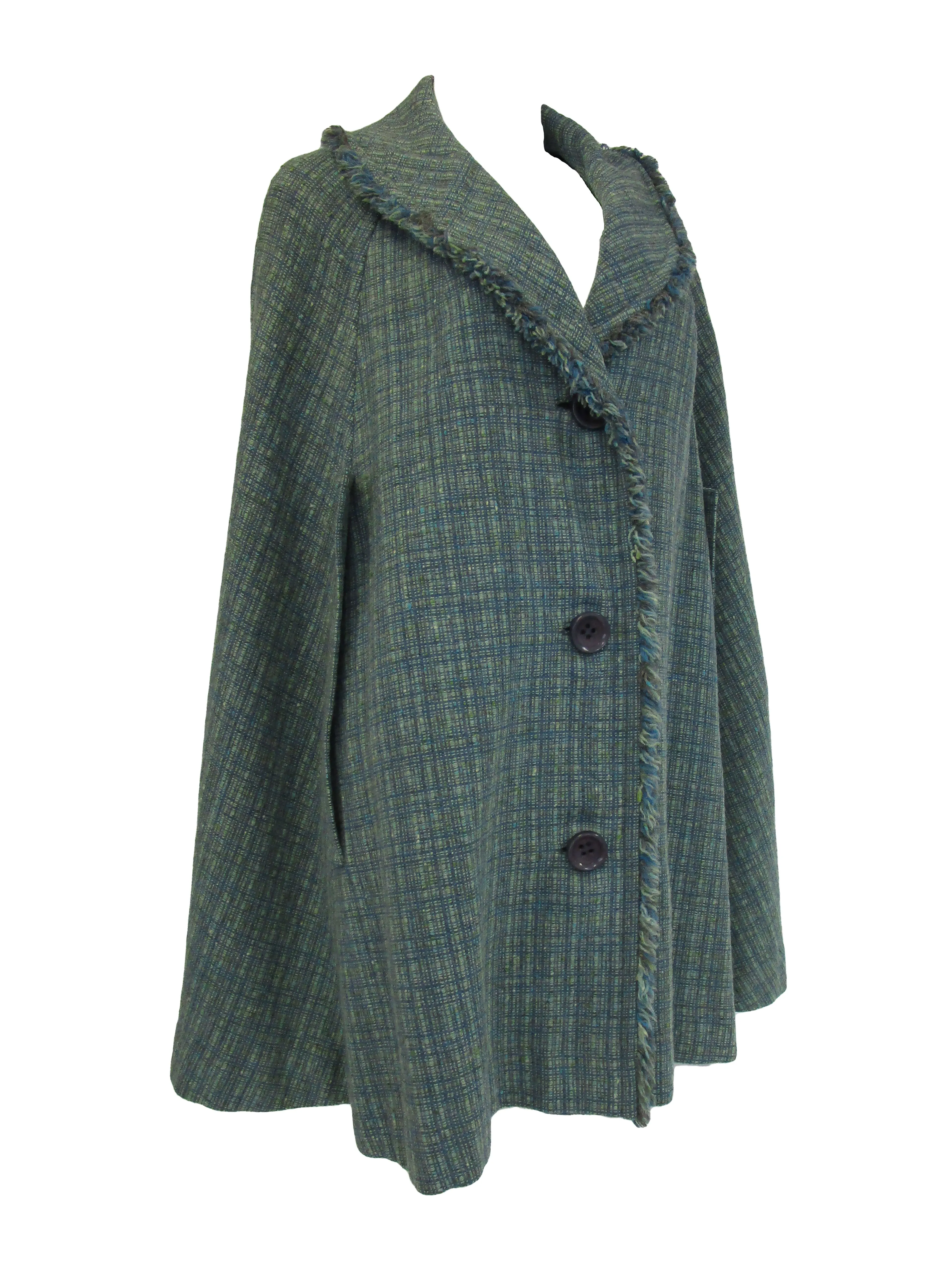 1970s Pendelton Sage Multicolored Tweed Cape with Fringed Edge