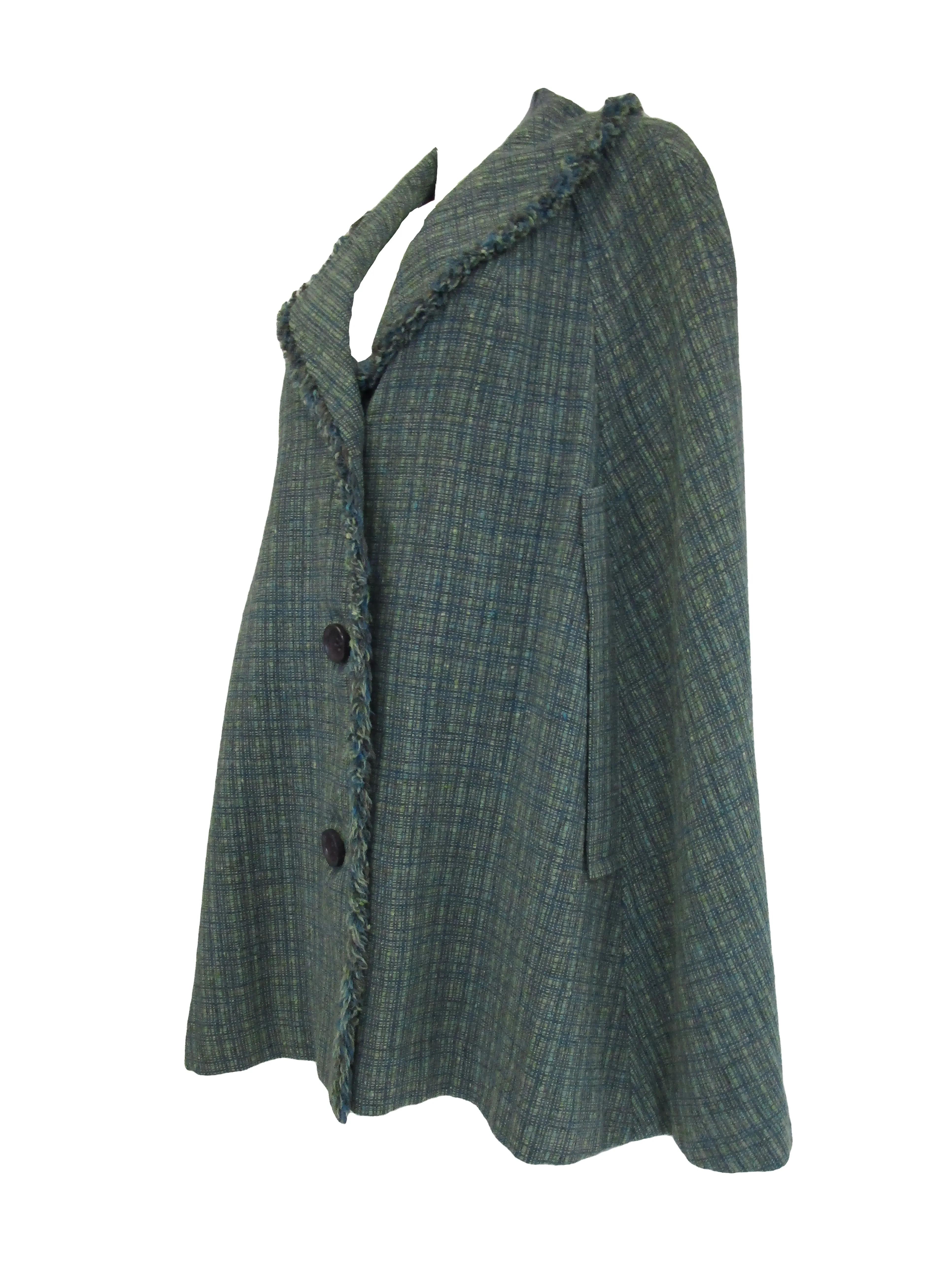1970s Pendelton Sage Multicolored Tweed Cape with Fringed Edge