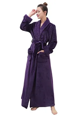 Artfasion Women's Long Flannel Bathrobe Ultra Soft Plush Microfiber Fleece Robes,Purple,Small / Medium