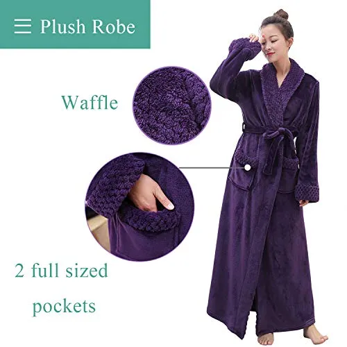 Artfasion Women's Long Flannel Bathrobe Ultra Soft Plush Microfiber Fleece Robes,Purple,Small / Medium