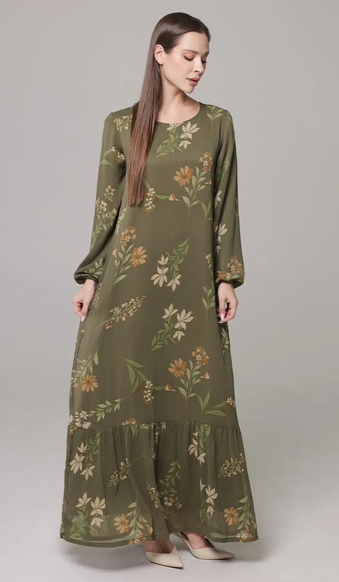 Batool Print Chiffon Modest Long Maxi Dress - Olive