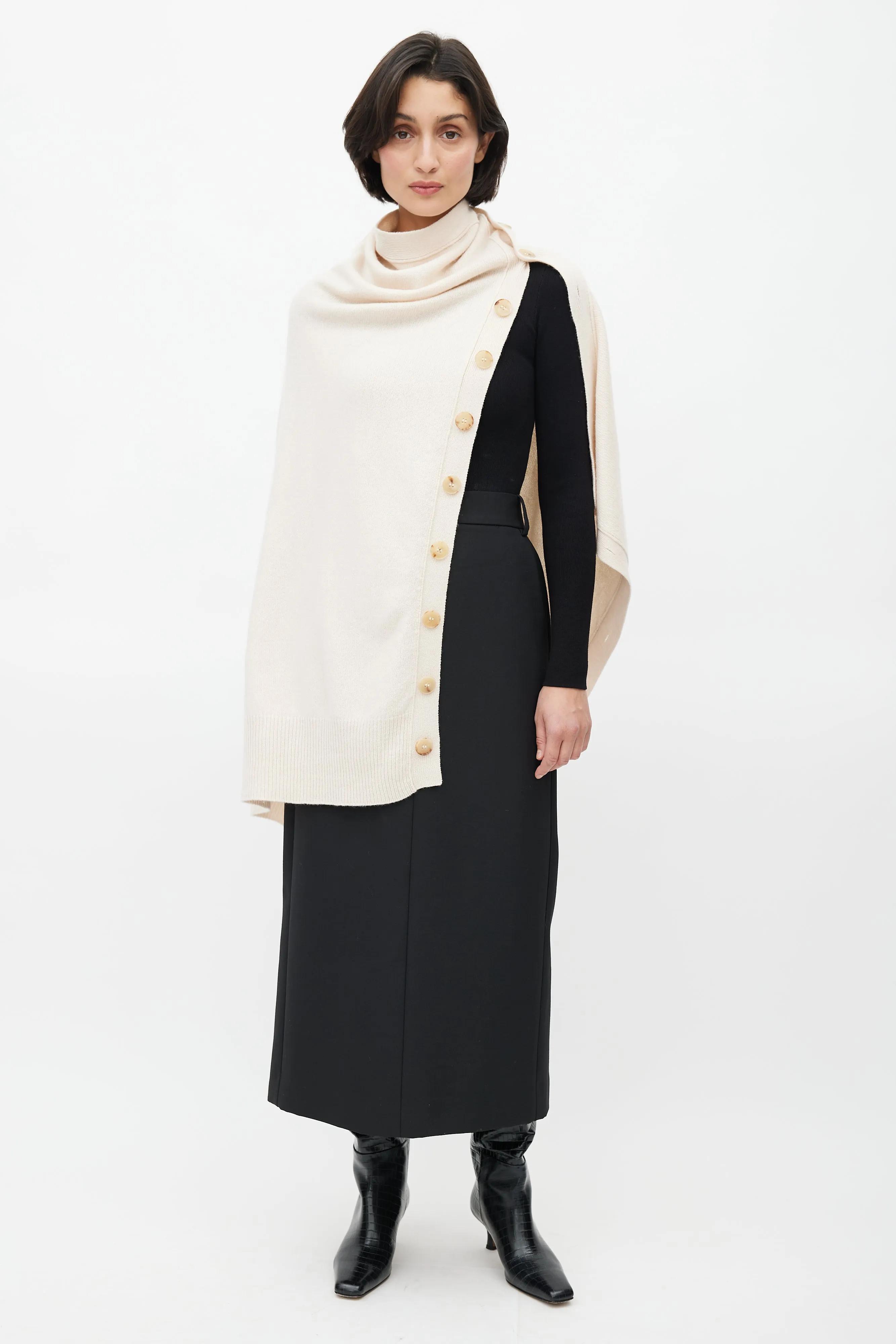 Beige Wool Button Cape