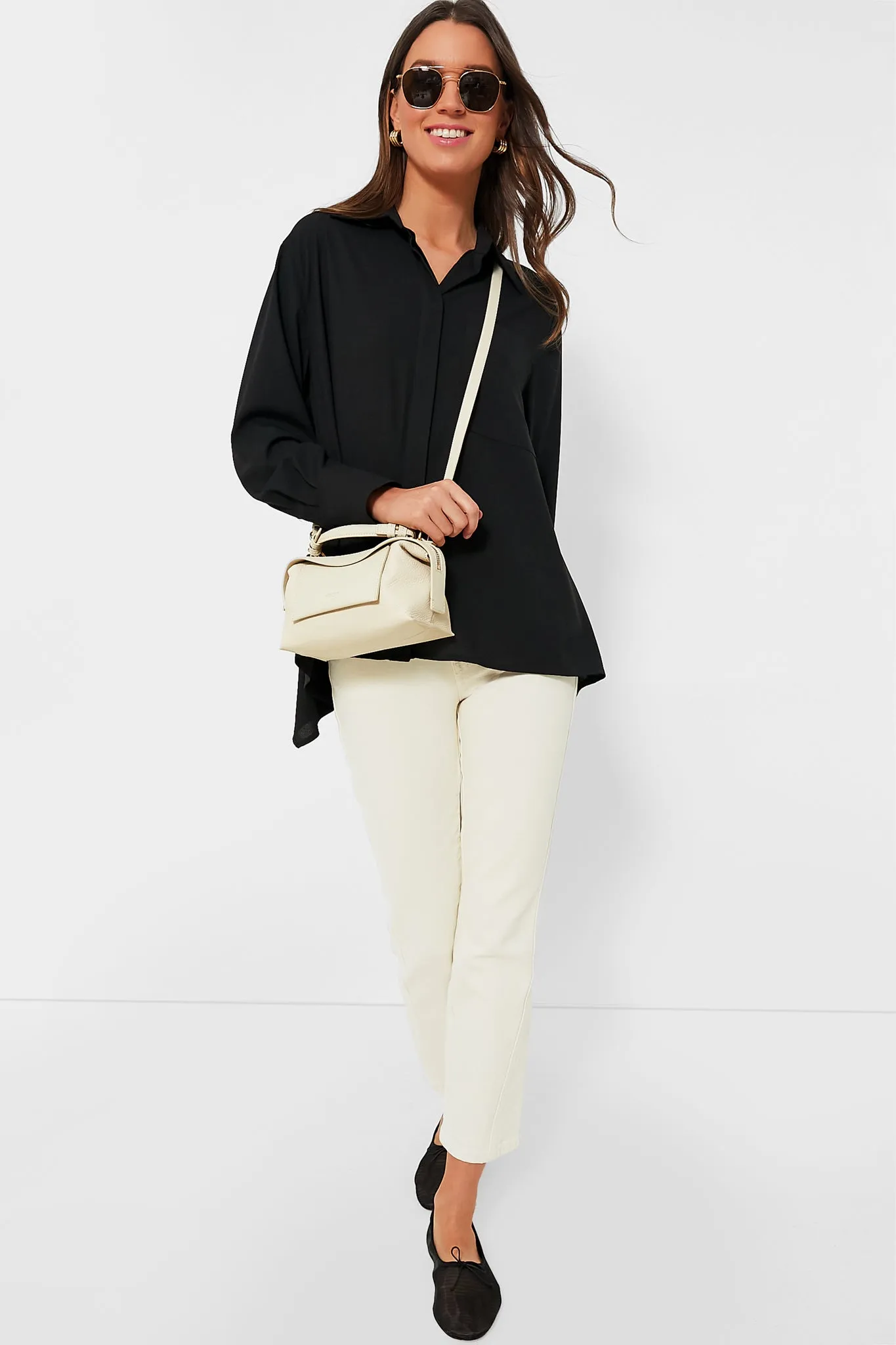 Black Crepe Cape Button Down