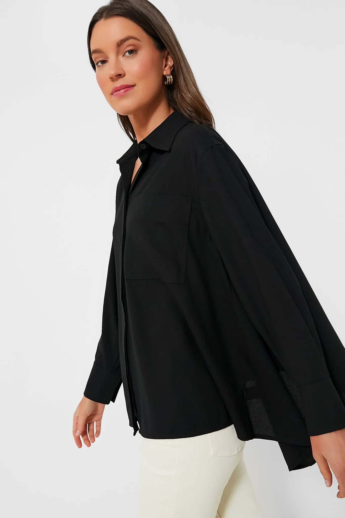 Black Crepe Cape Button Down