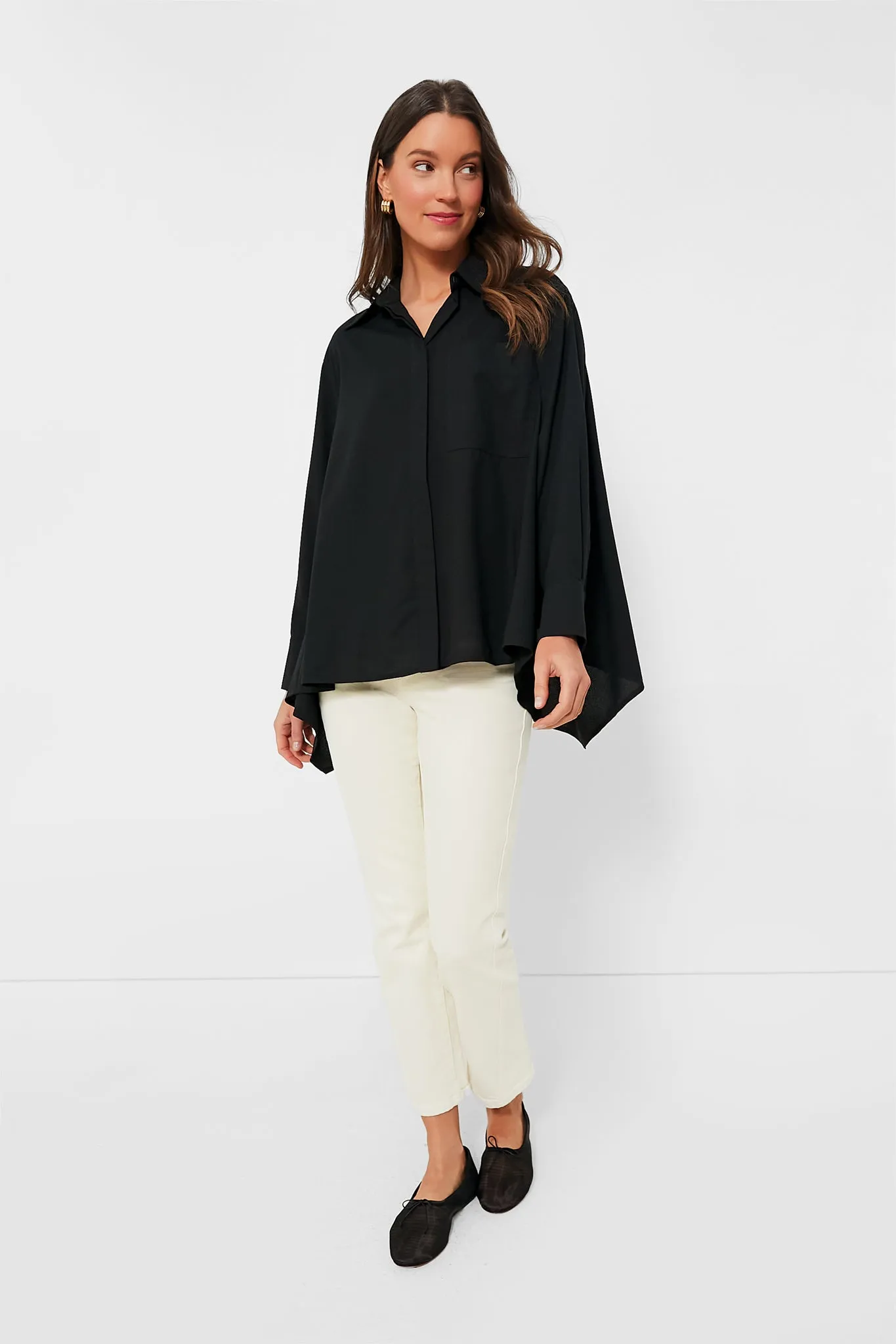 Black Crepe Cape Button Down