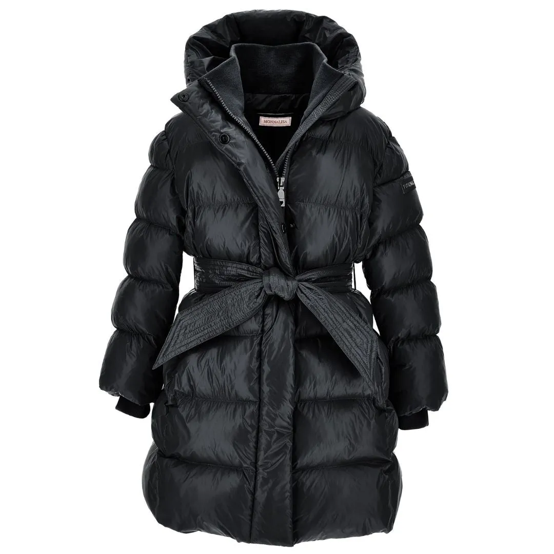 Black Tie Belt Logo Puffer Coat