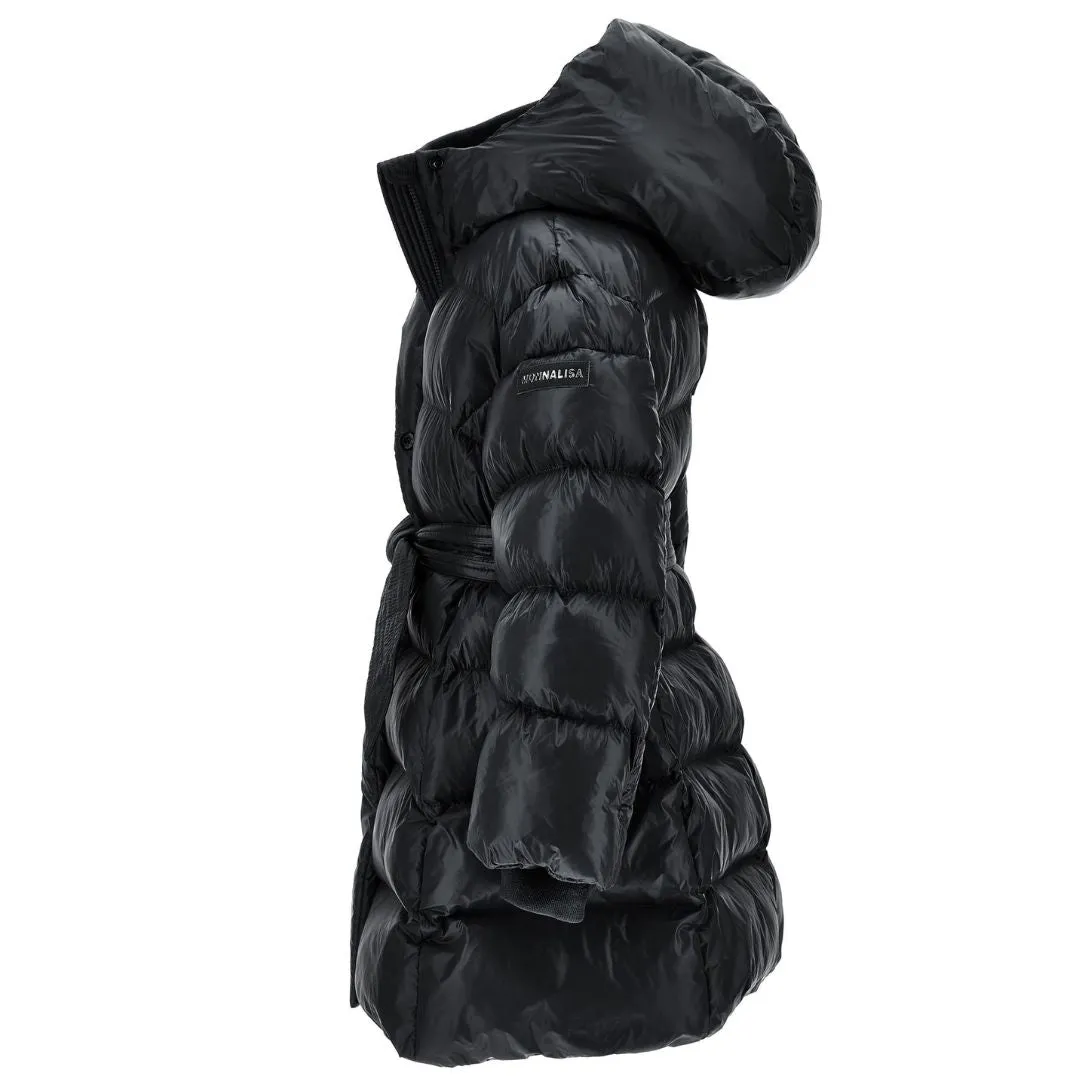 Black Tie Belt Logo Puffer Coat