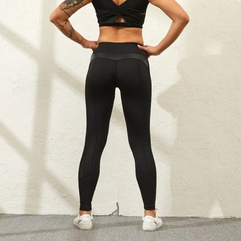Butt Lifting High waist Fitness Gym Leggings With Mesh And PU Leather Patchwork