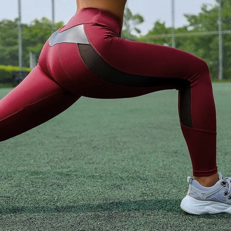 Butt Lifting High waist Fitness Gym Leggings With Mesh And PU Leather Patchwork