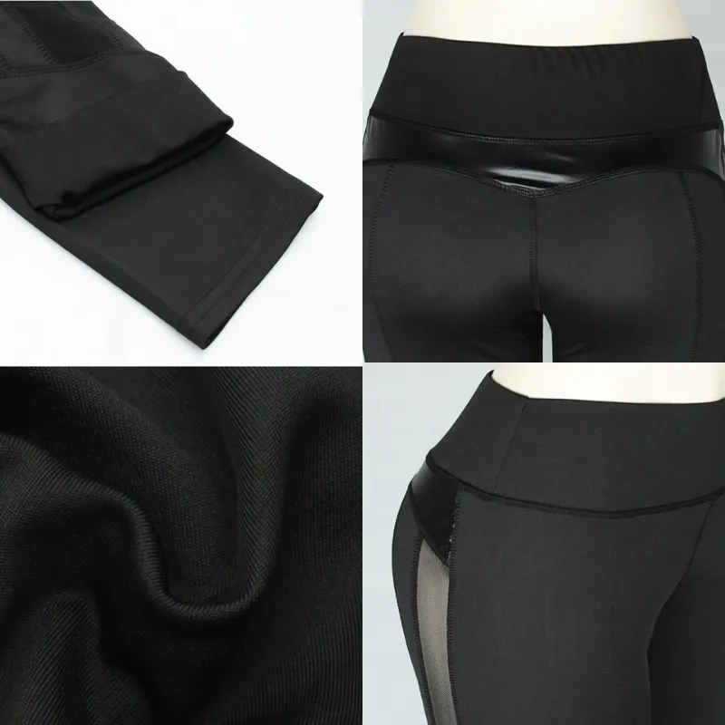 Butt Lifting High waist Fitness Gym Leggings With Mesh And PU Leather Patchwork