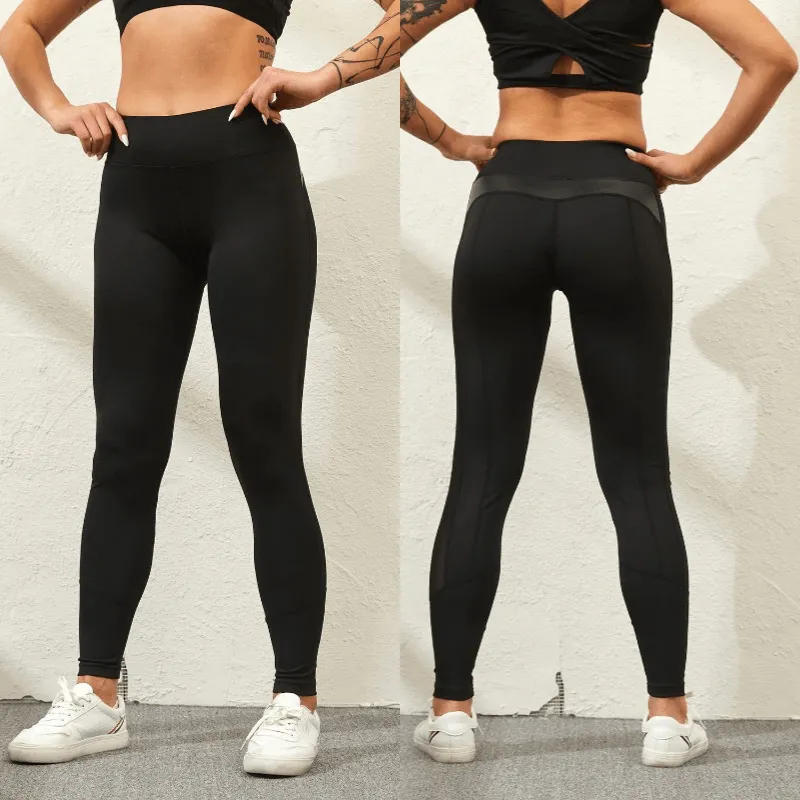 Butt Lifting High waist Fitness Gym Leggings With Mesh And PU Leather Patchwork
