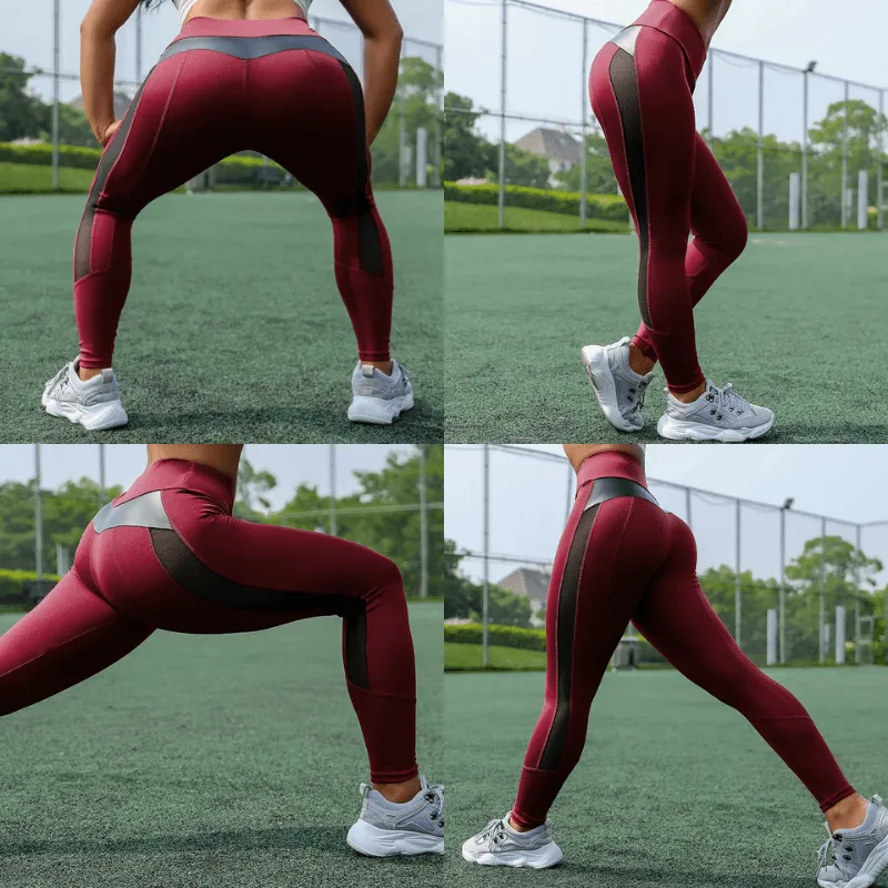 Butt Lifting High waist Fitness Gym Leggings With Mesh And PU Leather Patchwork