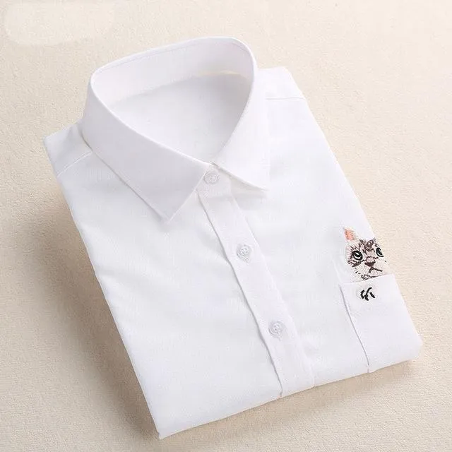 Cat Embroidery Long Sleeve Blouse