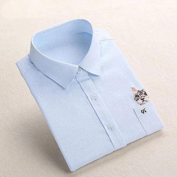 Cat Embroidery Long Sleeve Blouse