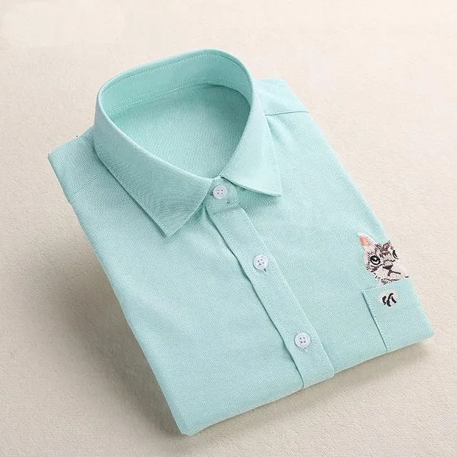 Cat Embroidery Long Sleeve Blouse