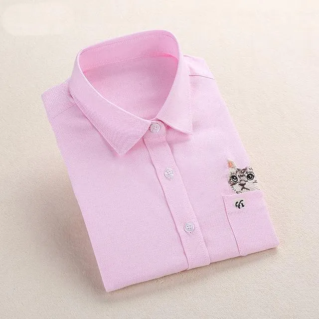 Cat Embroidery Long Sleeve Blouse