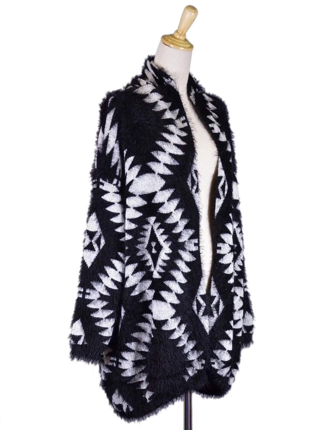 Cotton Candy Brand Black and White Geometric Print Fuzzy Texture Cardigan