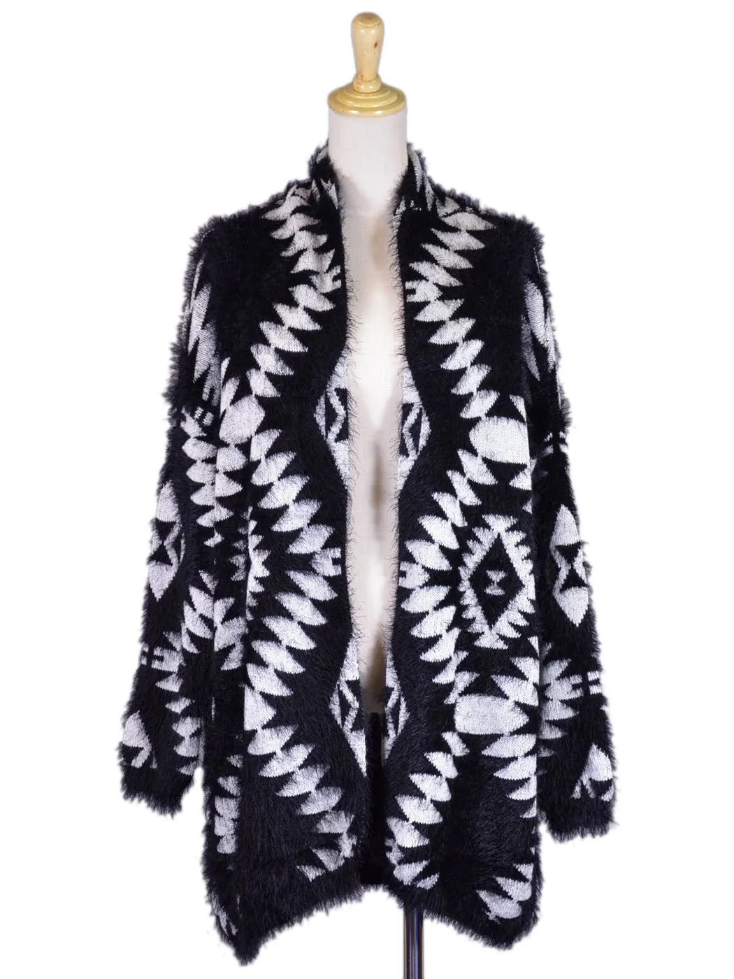 Cotton Candy Brand Black and White Geometric Print Fuzzy Texture Cardigan