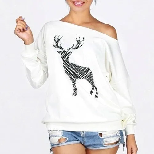 Cute Printed Off Shoulder Fleece Long Sleeve Shirt