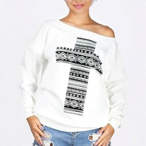 Cute Printed Off Shoulder Fleece Long Sleeve Shirt
