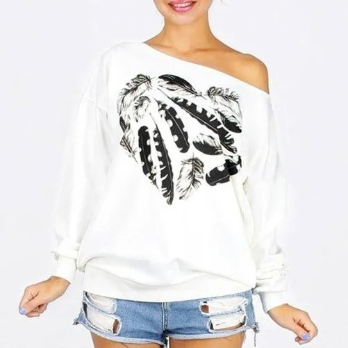 Cute Printed Off Shoulder Fleece Long Sleeve Shirt
