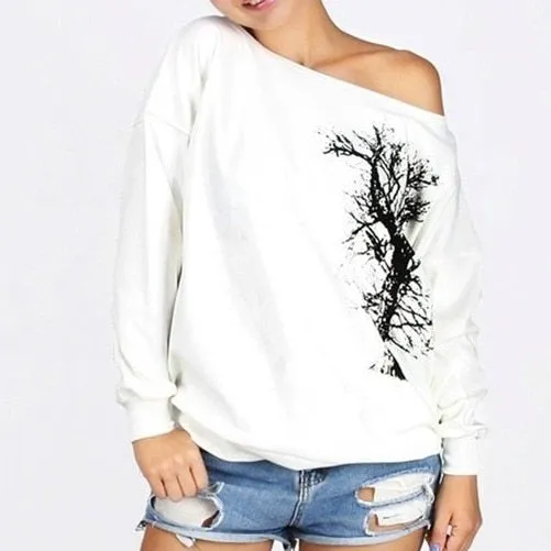 Cute Printed Off Shoulder Fleece Long Sleeve Shirt