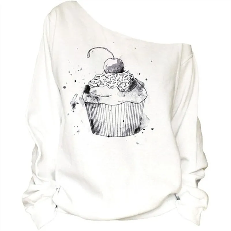 Cute Printed Off Shoulder Fleece Long Sleeve Shirt