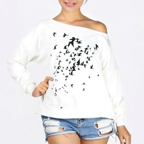 Cute Printed Off Shoulder Fleece Long Sleeve Shirt