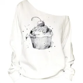 Cute Printed Off Shoulder Fleece Long Sleeve Shirt