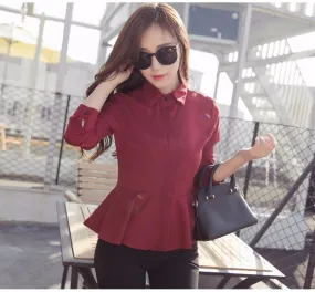 Fashion Collared Peplum Long Sleeve Chiffon Blouse