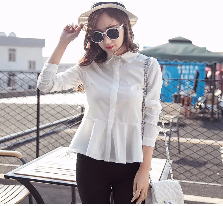 Fashion Collared Peplum Long Sleeve Chiffon Blouse