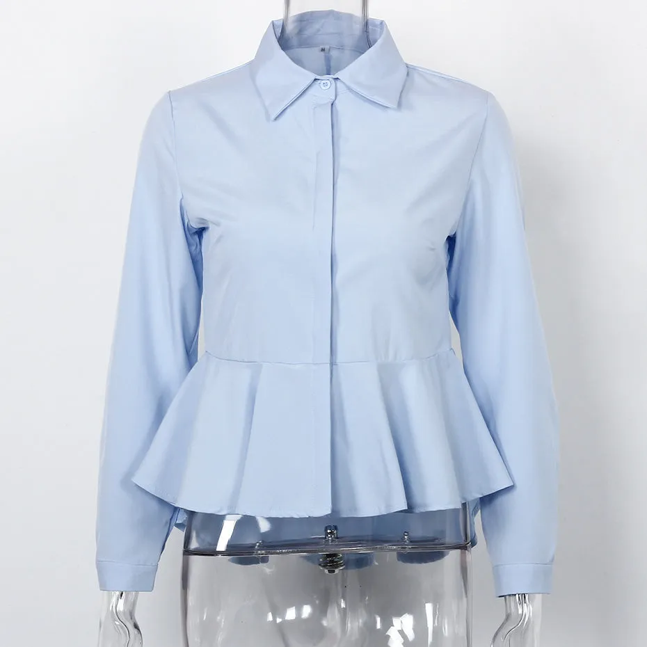 Fashion Collared Peplum Long Sleeve Chiffon Blouse