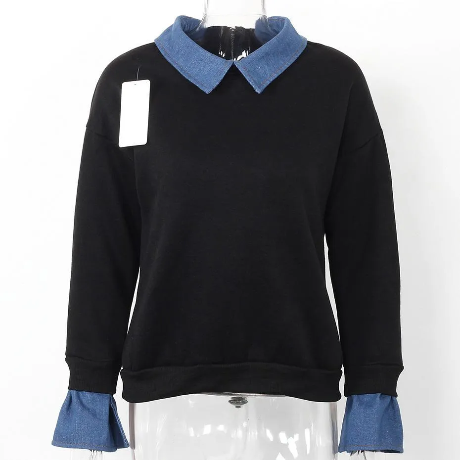 Fleece Denim Collar Flare Long Sleeve Sweatshirt