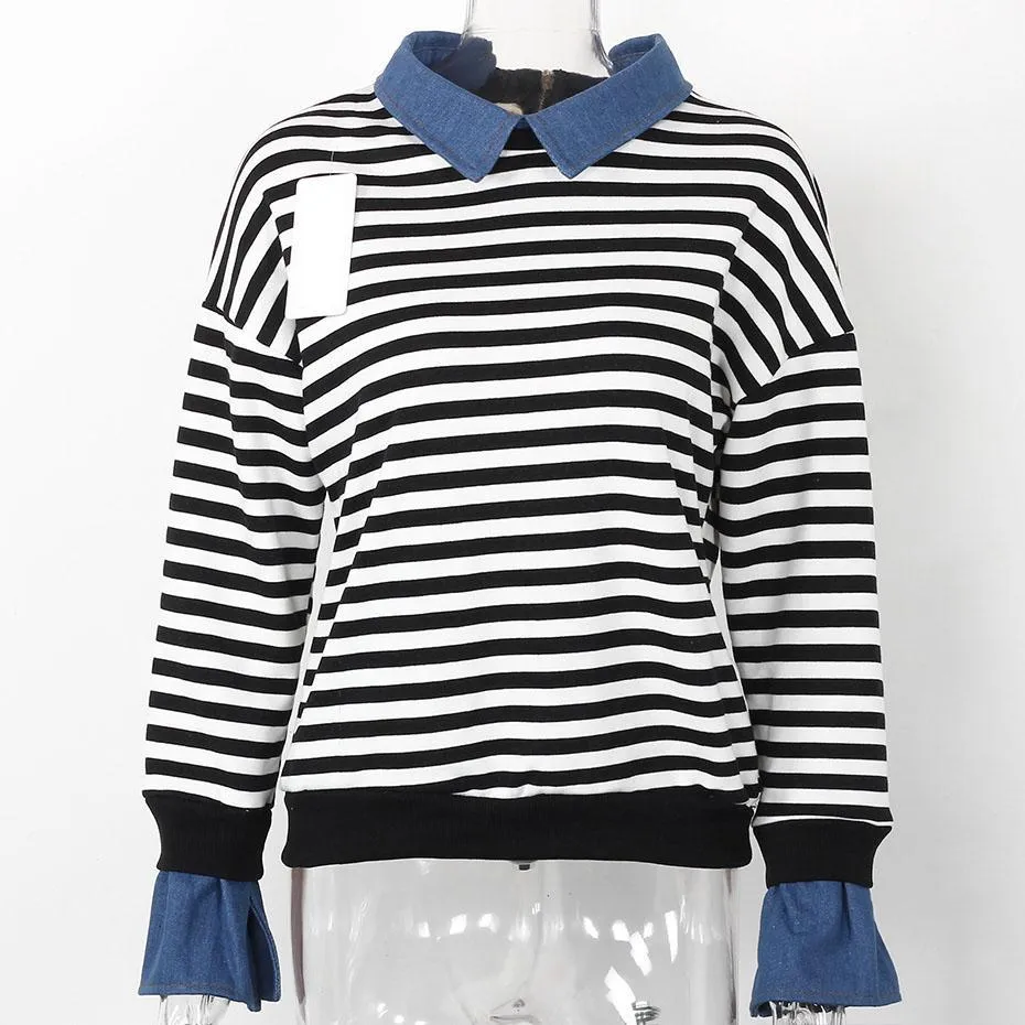 Fleece Denim Collar Flare Long Sleeve Sweatshirt