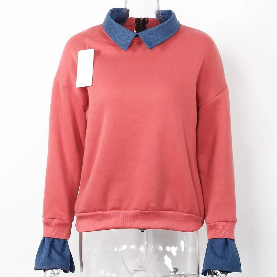 Fleece Denim Collar Flare Long Sleeve Sweatshirt