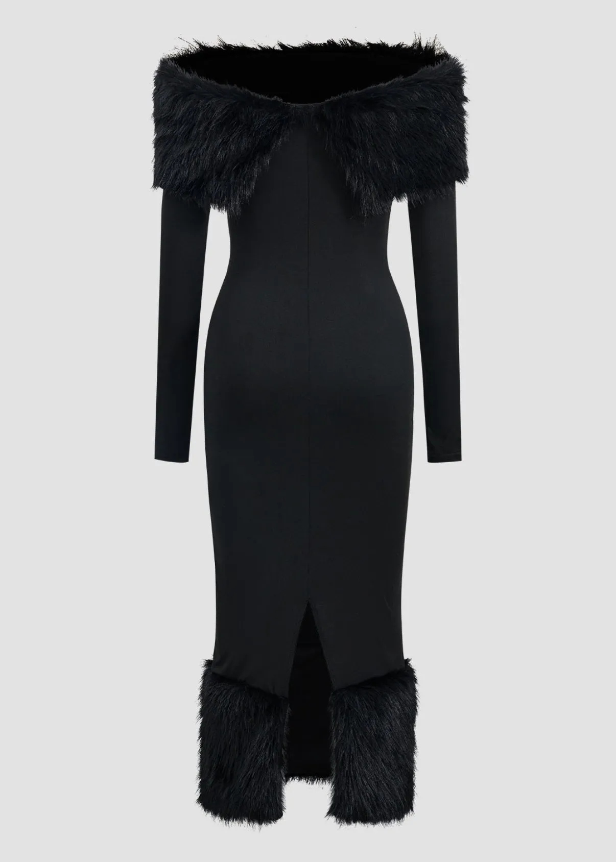 Fuzzy Trim Off-Shoulder Maxi Dress