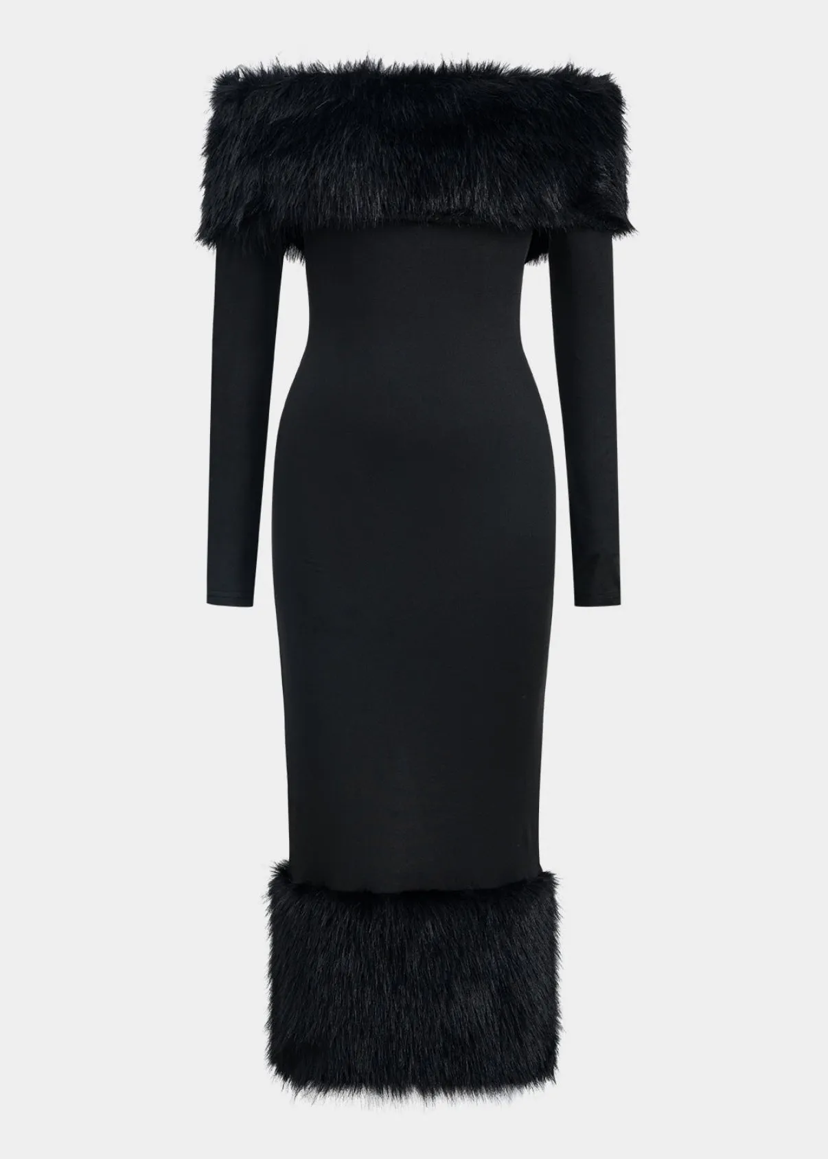 Fuzzy Trim Off-Shoulder Maxi Dress