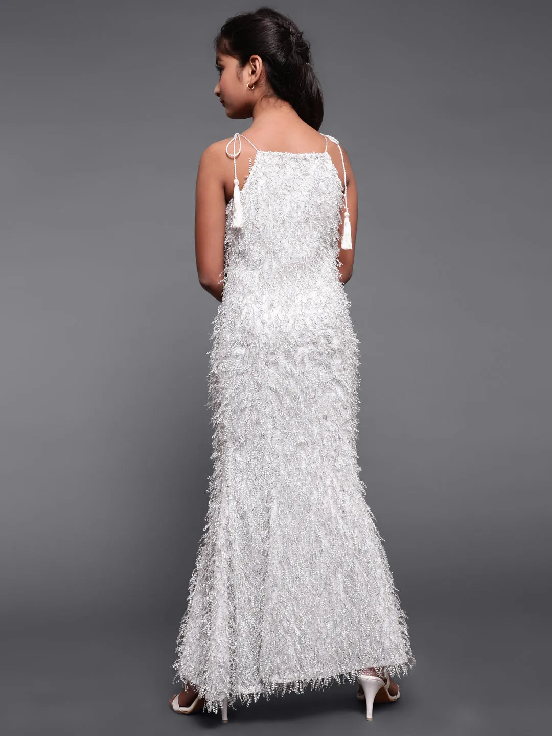 Girl's White Fur Designed Side Slit Maxi Dress - Aks Girls