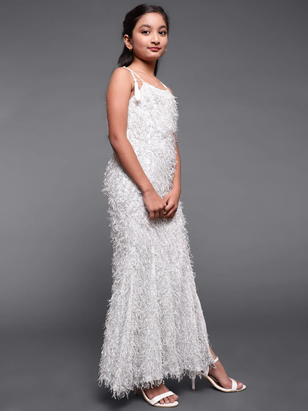 Girl's White Fur Designed Side Slit Maxi Dress - Aks Girls