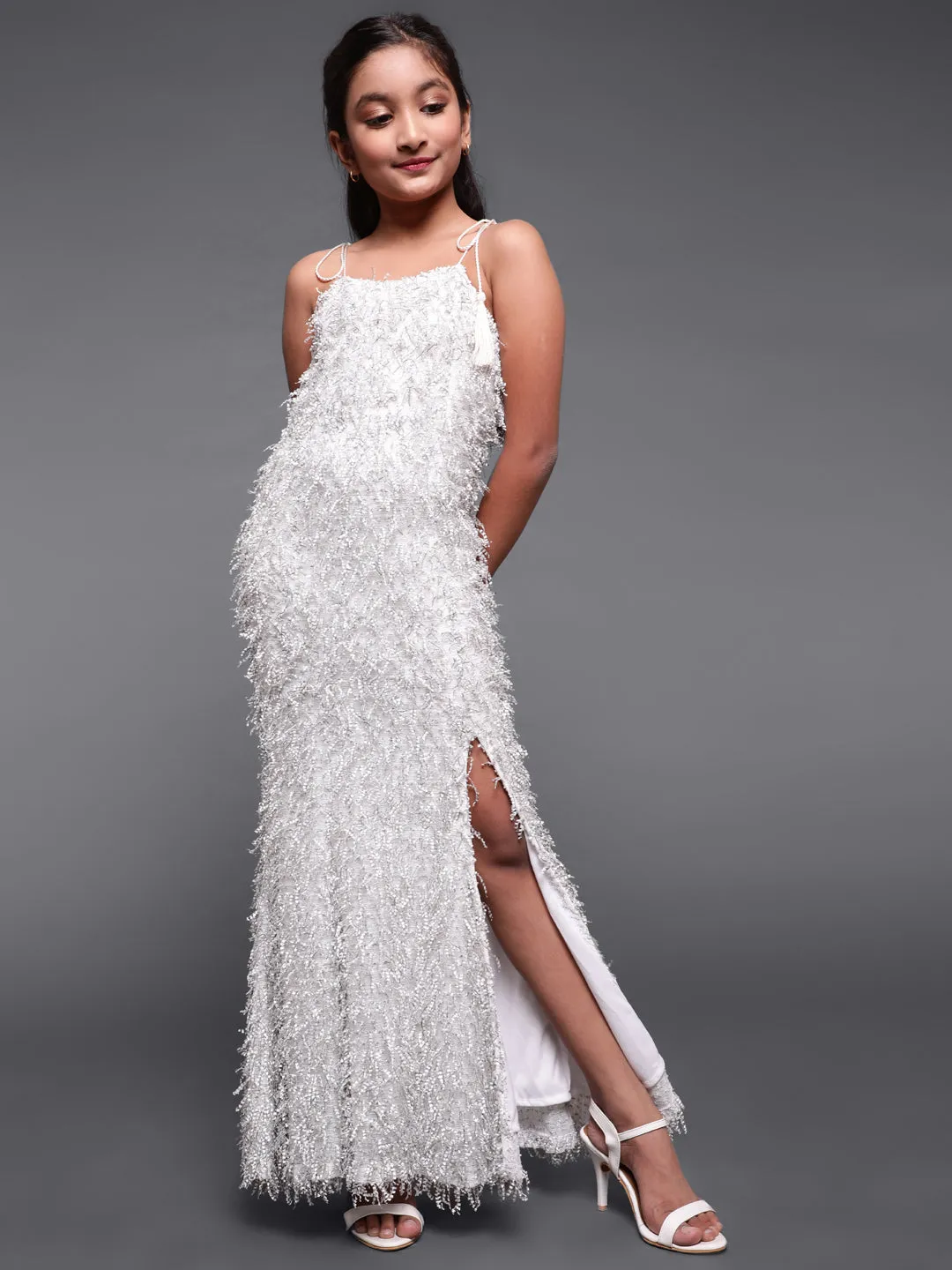 Girl's White Fur Designed Side Slit Maxi Dress - Aks Girls