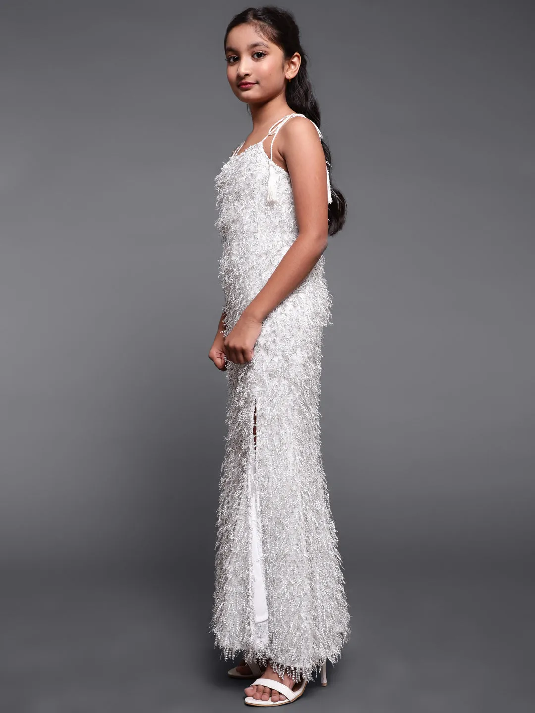 Girl's White Fur Designed Side Slit Maxi Dress - Aks Girls