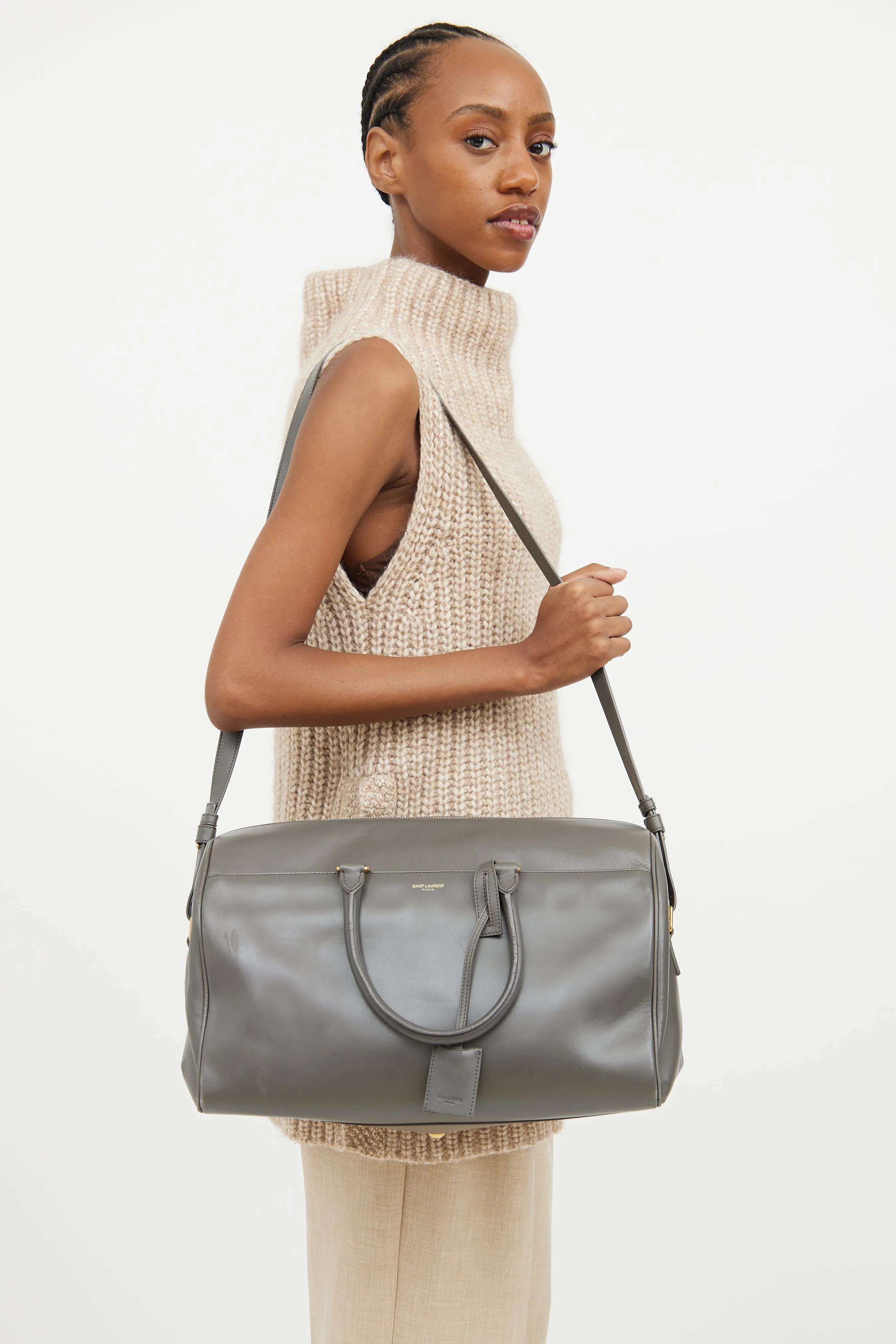 Grey Leather Classic Duffle Bag