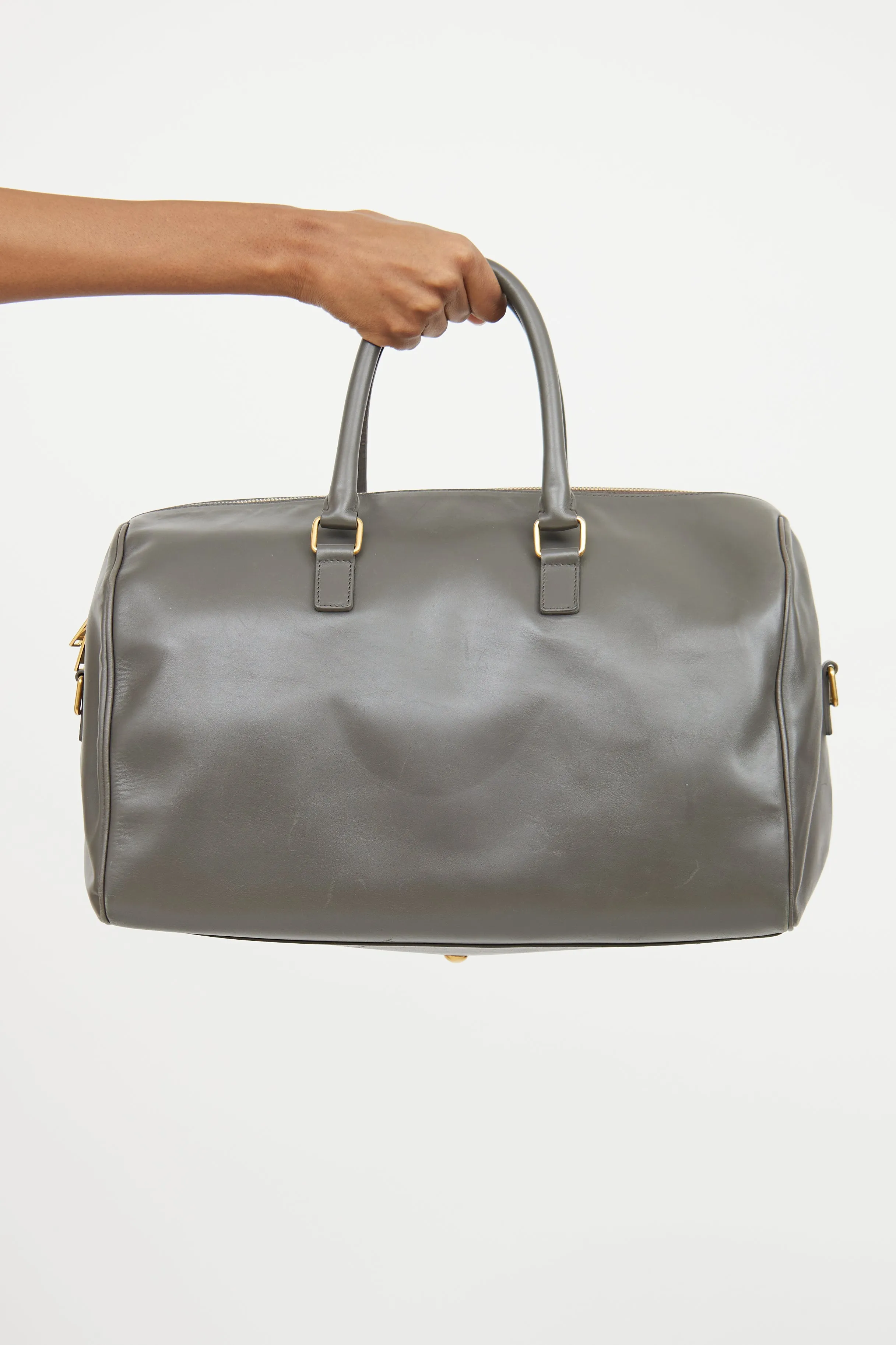 Grey Leather Classic Duffle Bag