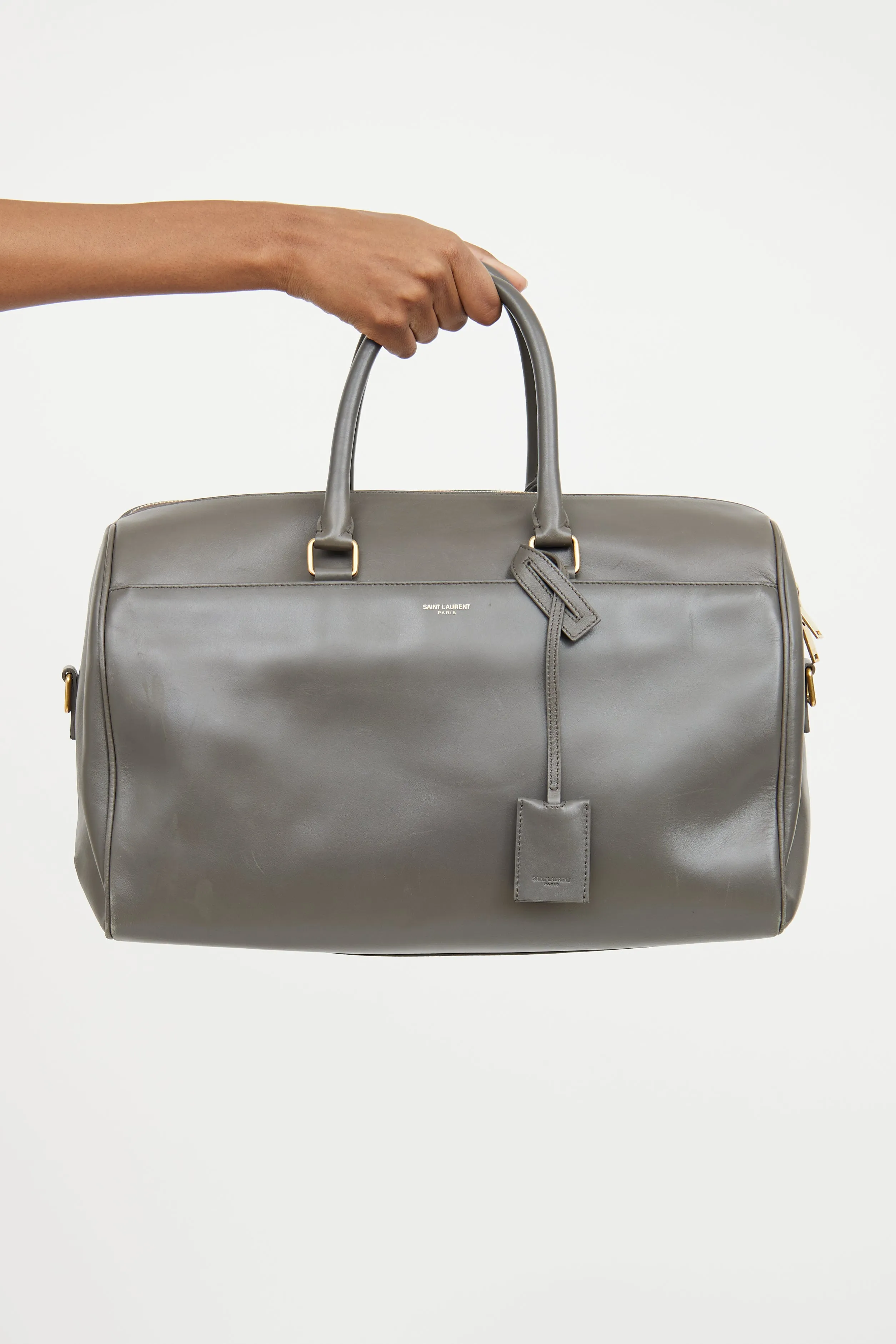 Grey Leather Classic Duffle Bag