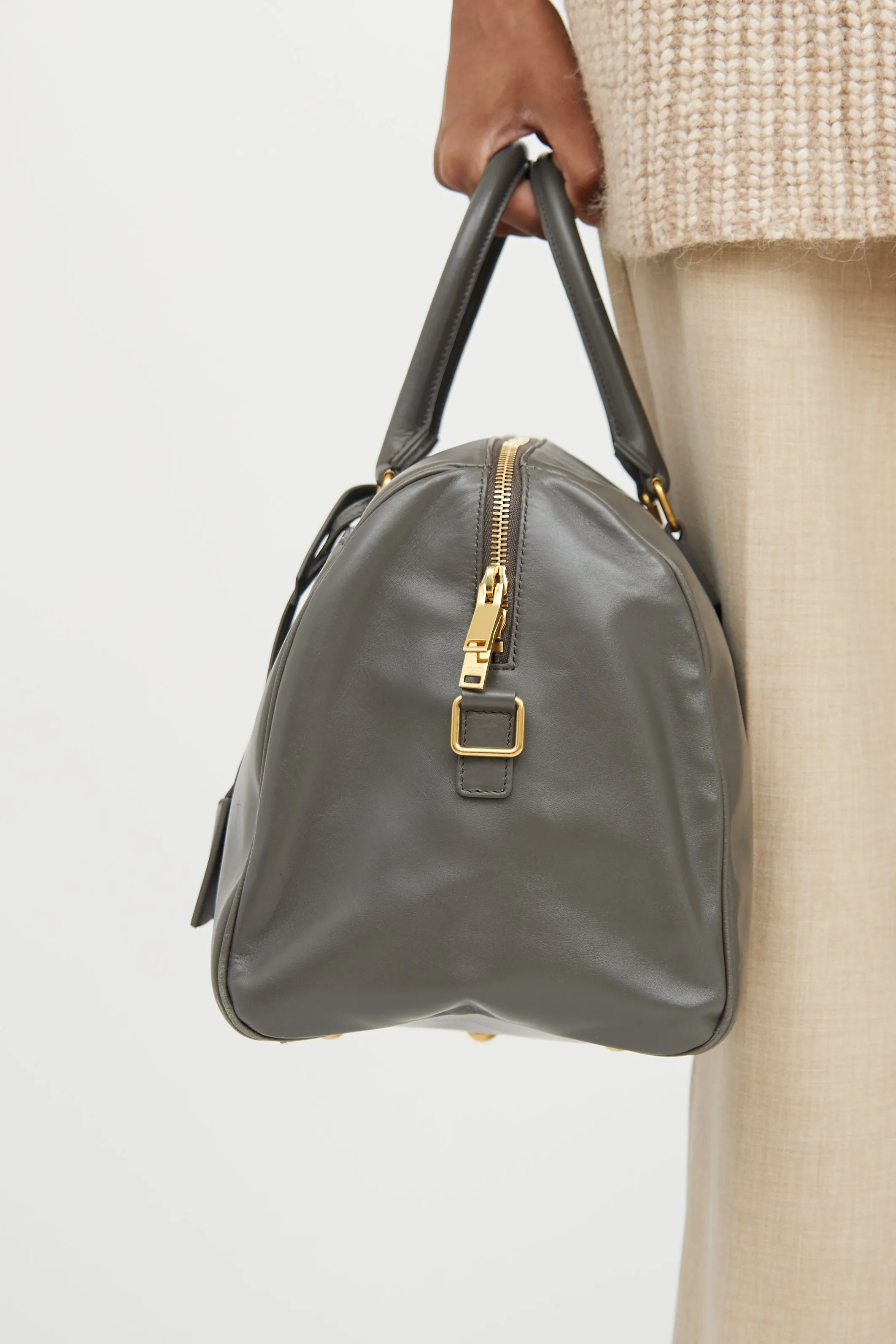 Grey Leather Classic Duffle Bag
