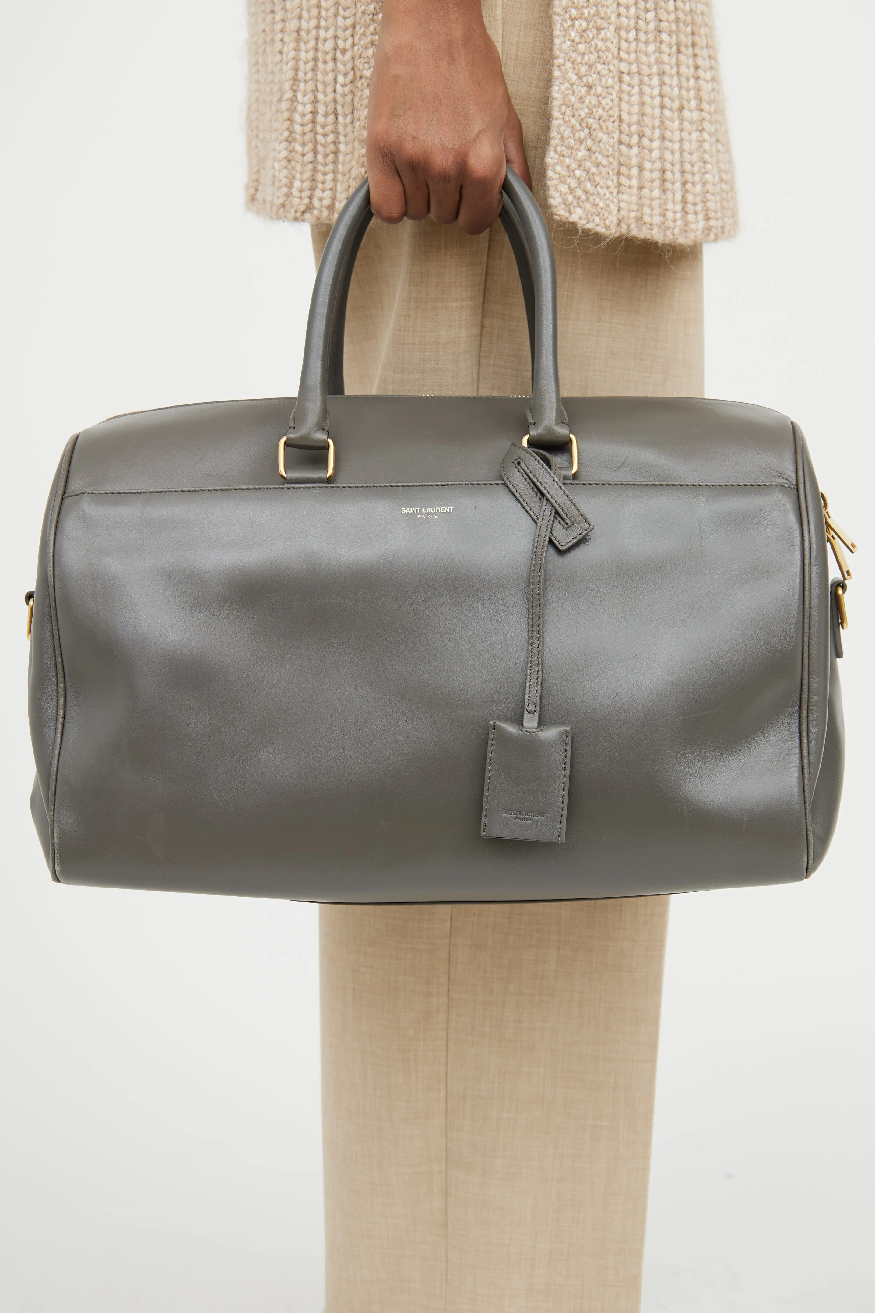 Grey Leather Classic Duffle Bag